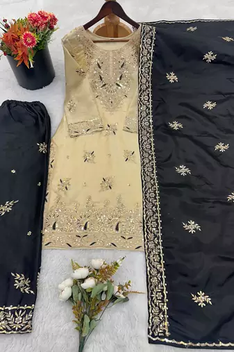 Black silk readymade suit with embroidery & sequence work