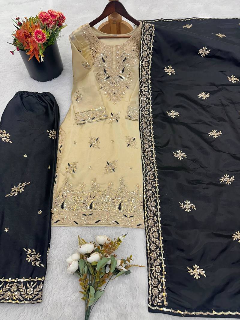 Black silk readymade suit with embroidery & sequence work