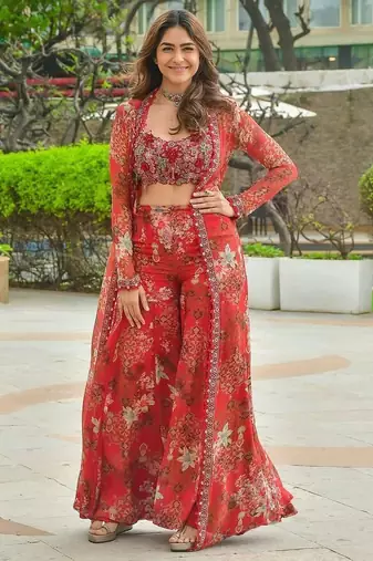 Red georgette readymade 3 piece suit with floral printed & embroidery work