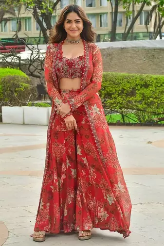 Red georgette readymade 3 piece suit with floral printed & embroidery work