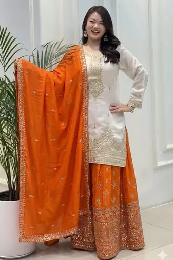 Orange silk readymade suit with embroidery & sequence work