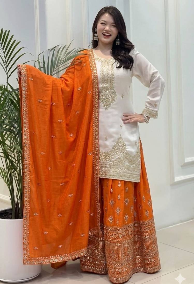 Orange silk readymade suit with embroidery & sequence work