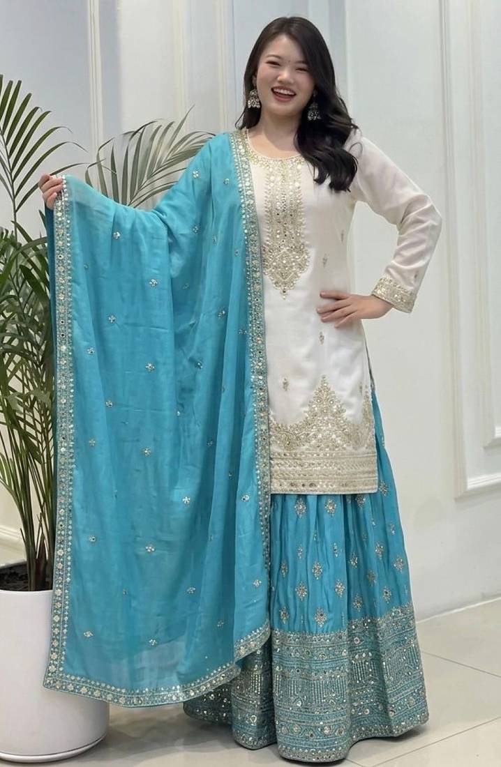 Blue silk readymade suit with embroidery & sequence work