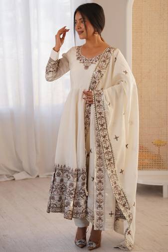 White silk readymade anarkali suit with embroidery & sequence work