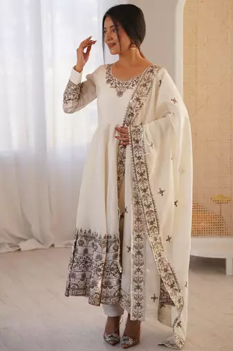 White silk readymade anarkali suit with embroidery & sequence work