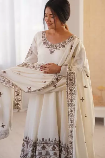 White silk readymade anarkali suit with embroidery & sequence work