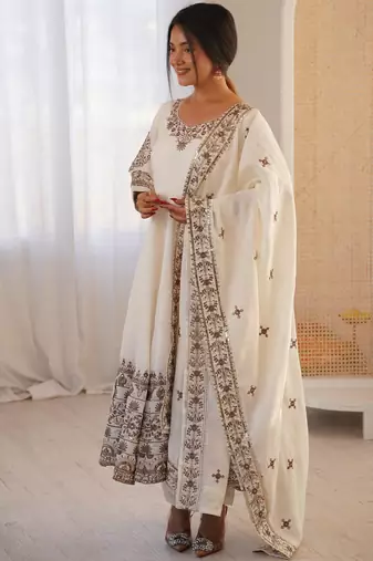White silk readymade anarkali suit with embroidery & sequence work