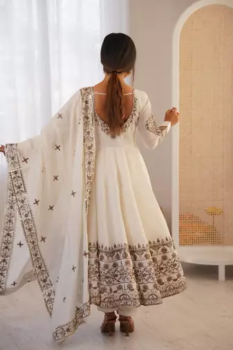 White silk readymade anarkali suit with embroidery & sequence work