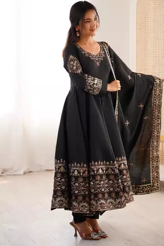 Black silk readymade anarkali suit with embroidery & sequence work