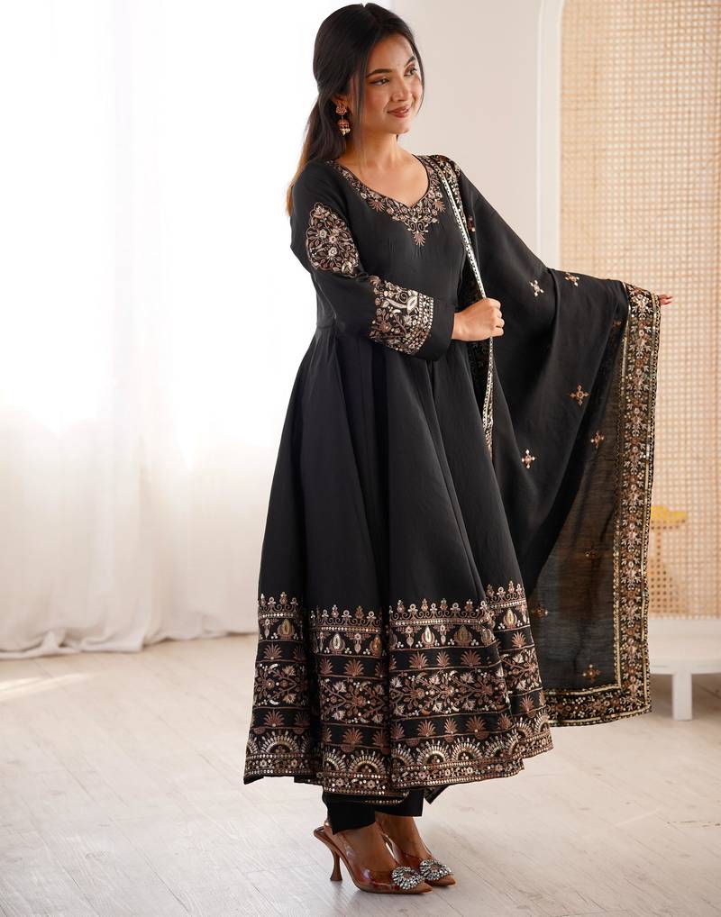 Black silk readymade anarkali suit with embroidery & sequence work