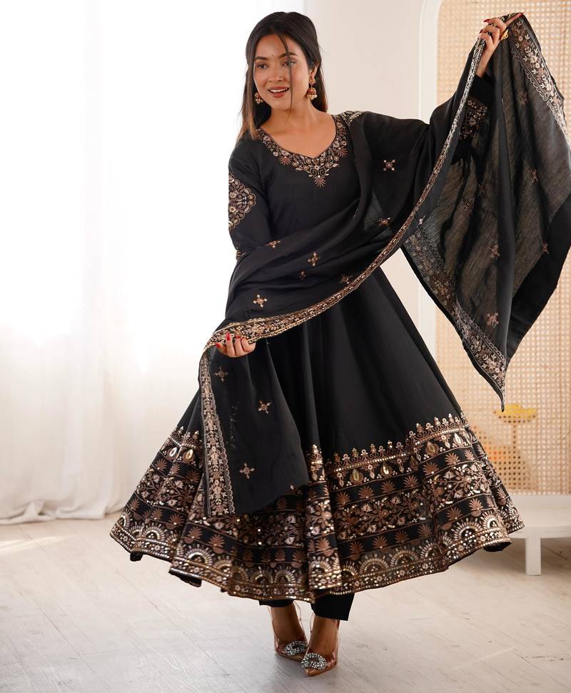 Black silk readymade anarkali suit with embroidery & sequence work