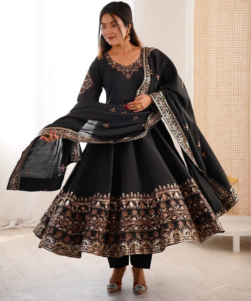 Black silk readymade anarkali suit with embroidery & sequence work