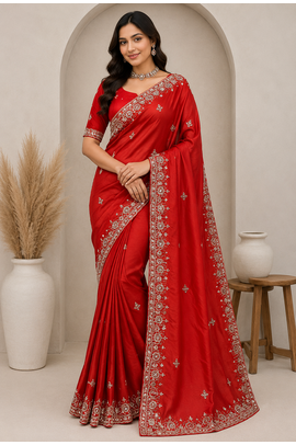 orange motis and beads embroidered tissue saree 1