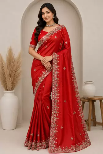 orange motis and beads embroidered tissue saree