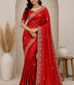 orange motis and beads embroidered tissue saree