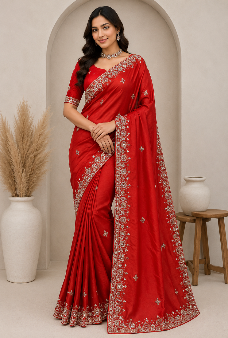 orange motis and beads embroidered tissue saree