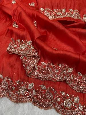 orange motis and beads embroidered tissue saree 2