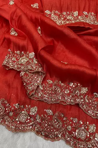 orange motis and beads embroidered tissue saree