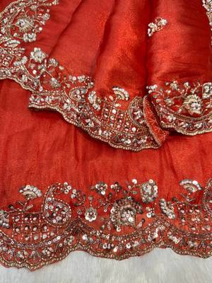 orange motis and beads embroidered tissue saree 3