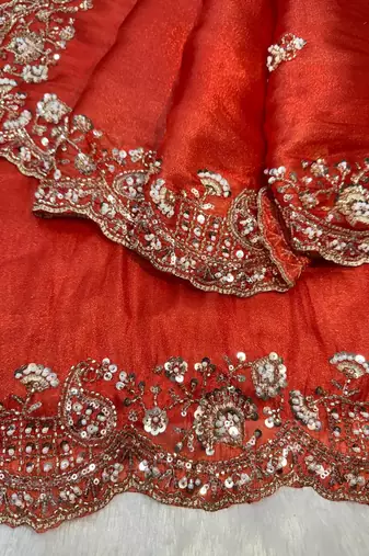 orange motis and beads embroidered tissue saree