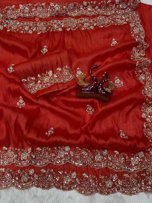 orange motis and beads embroidered tissue saree 4