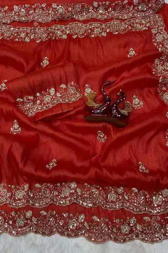 orange motis and beads embroidered tissue saree