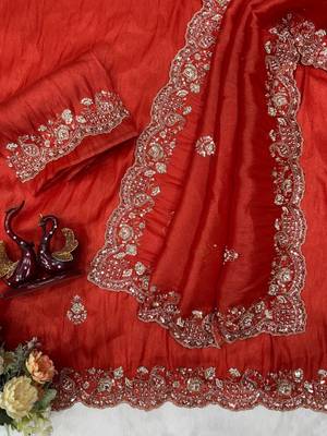 orange motis and beads embroidered tissue saree 5