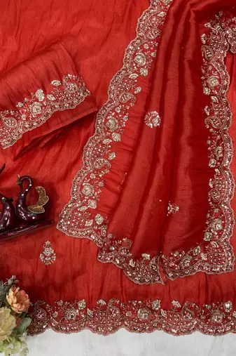 orange motis and beads embroidered tissue saree