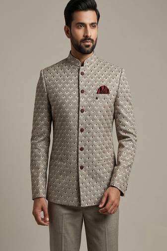 Grey thread and sequins embroidered bandhgala