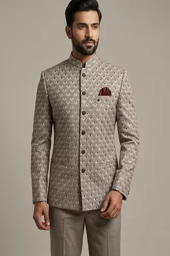 Grey thread and sequins embroidered bandhgala