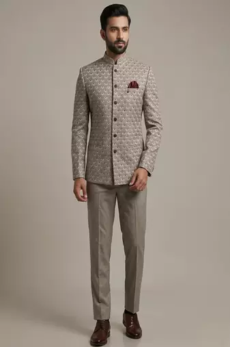 Grey thread and sequins embroidered bandhgala