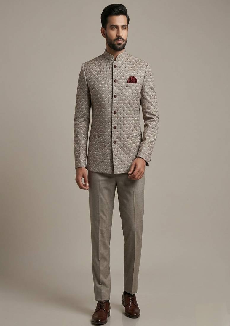 Grey thread and sequins embroidered bandhgala