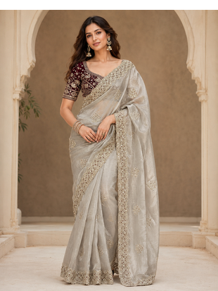 grey sequance and zari embroidery satin fabric saree 1