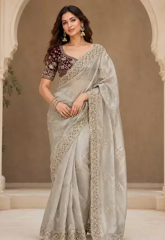 grey sequance and zari embroidery satin fabric saree