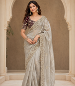 grey sequance and zari embroidery satin fabric saree