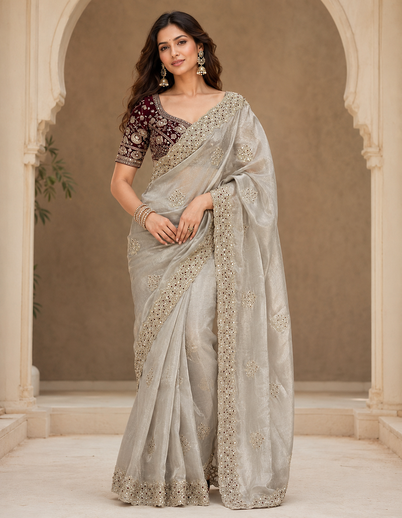 grey sequance and zari embroidery satin fabric saree