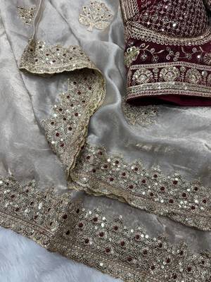 grey sequance and zari embroidery satin fabric saree 2