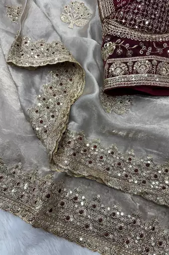grey sequance and zari embroidery satin fabric saree