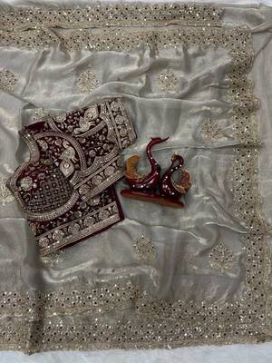grey sequance and zari embroidery satin fabric saree 3