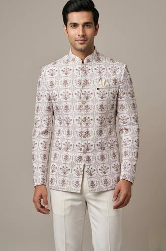 Ivory thread and sequins embroidered bandhgala