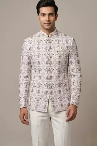 Ivory thread and sequins embroidered bandhgala