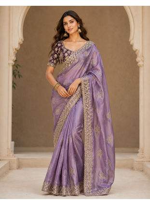 lavender sequance and zari embroidery satin fabric saree 1