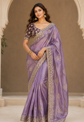 lavender sequance and zari embroidery satin fabric saree