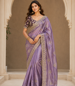 lavender sequance and zari embroidery satin fabric saree