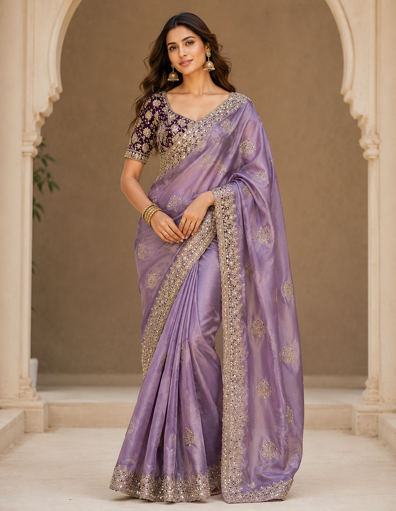 lavender sequance and zari embroidery satin fabric saree