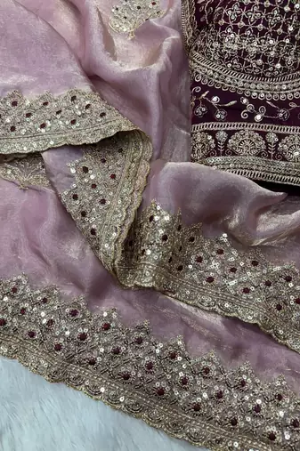 lavender sequance and zari embroidery satin fabric saree
