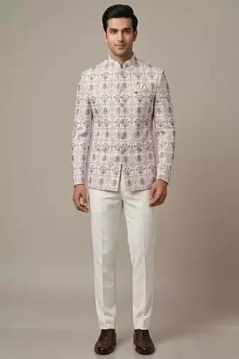 Ivory thread and sequins embroidered bandhgala