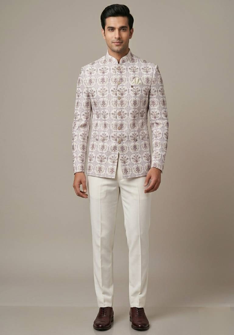 Ivory thread and sequins embroidered bandhgala