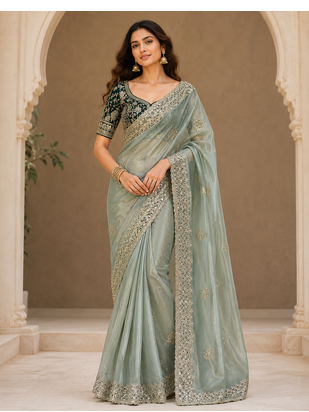 parrot green sequance and zari embroidery satin fabric saree 1