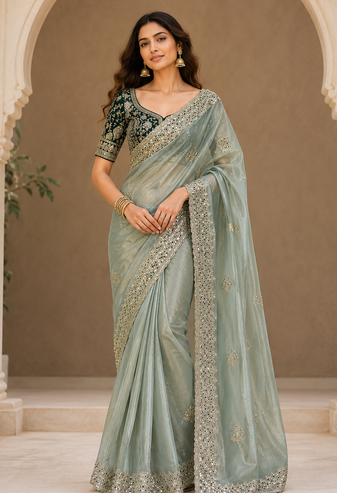 parrot green sequance and zari embroidery satin fabric saree